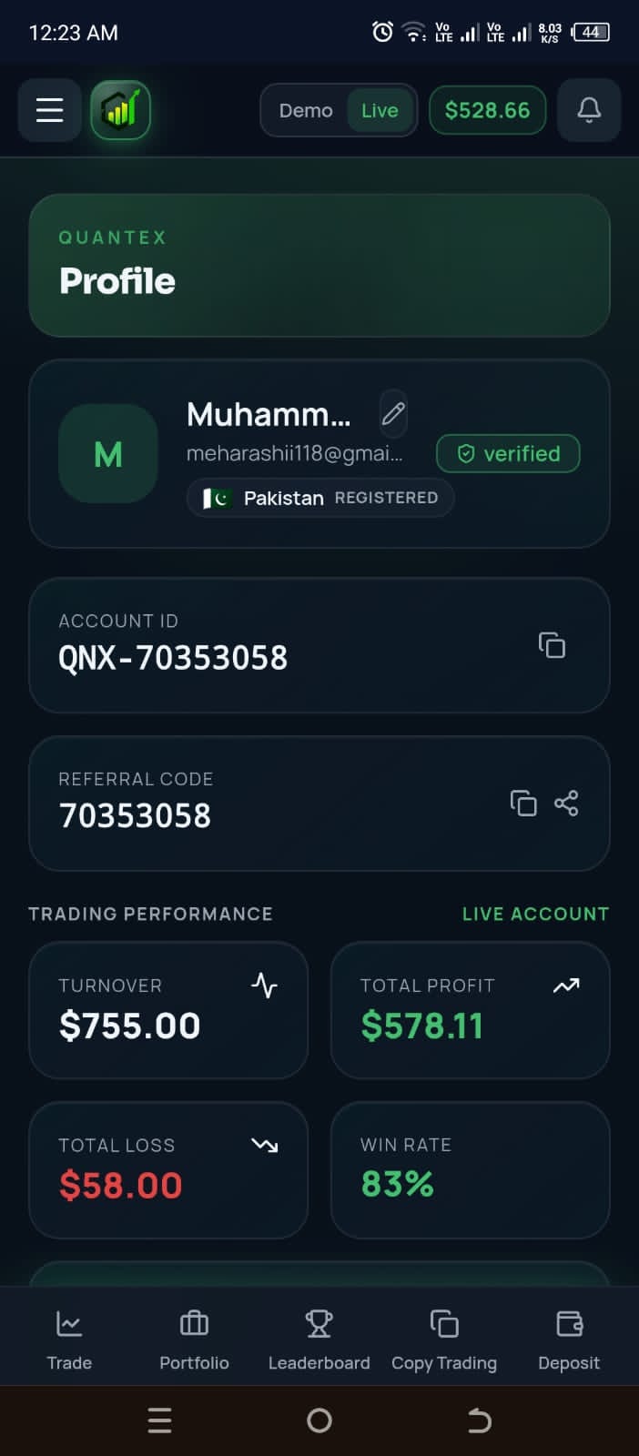 Verified LearnQuantex profile with 83% win rate